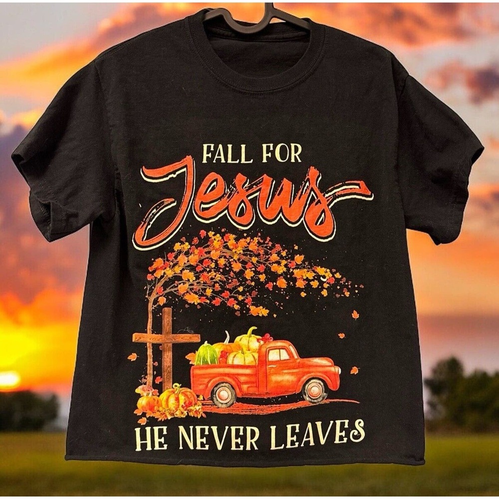 Womens Fall For Jesus He Never Leaves Pumpkin Red‎ Trucks Happy Fall crop Tshirt